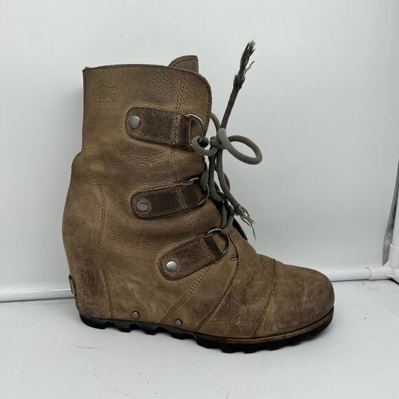 Sorel Boots Womens 7.5 Joan Of Artic Wedge II Leather Brown Lace - Picture 1 of 9